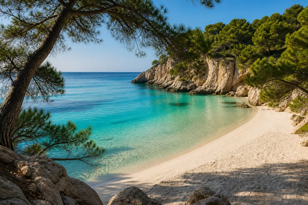 Crique méditerranéenne bordée de pins avec eau translucide et sable clair