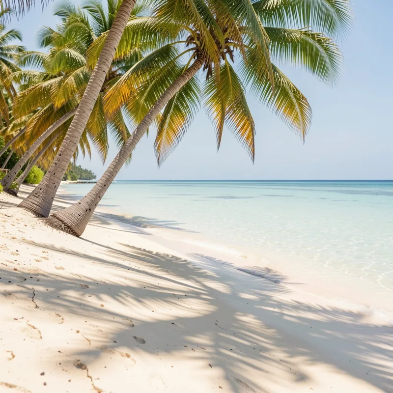 Plage de sable clair bordée de cocotiers penchés sous un ciel bleu franc aux Antilles