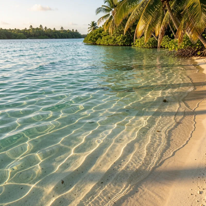 Eau turquoise translucide sur fond de sable avec ombres de palmiers en fin de journée