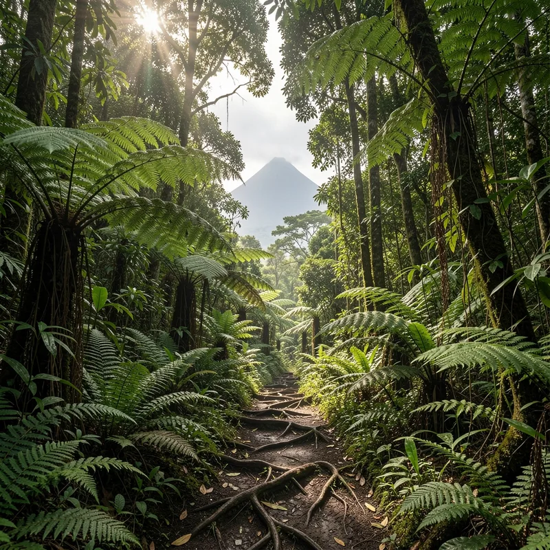 Sentier de forêt tropicale humide menant vers un relief volcanique sous une lumière filtrée